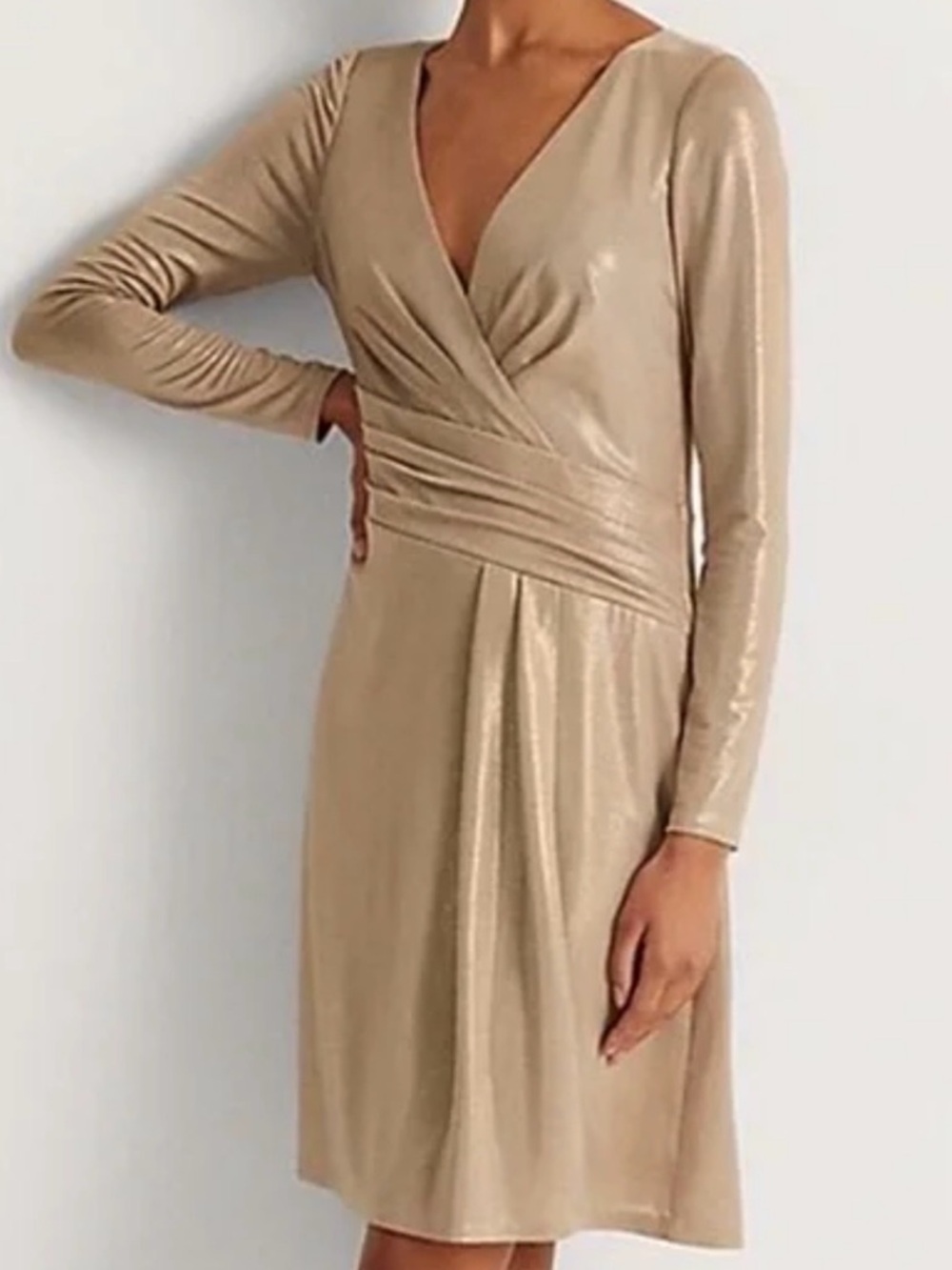 NWT Lauren Ralph Lauren Gold Foil Jersey Surplice Dress Gold Size 0